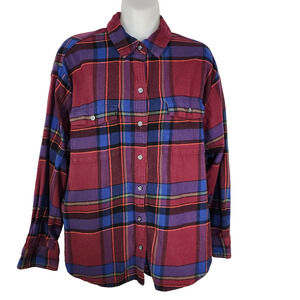 Old Navy Shirt Womens Medium Flannel Button Blue Plaid The Boyfriend Oversized